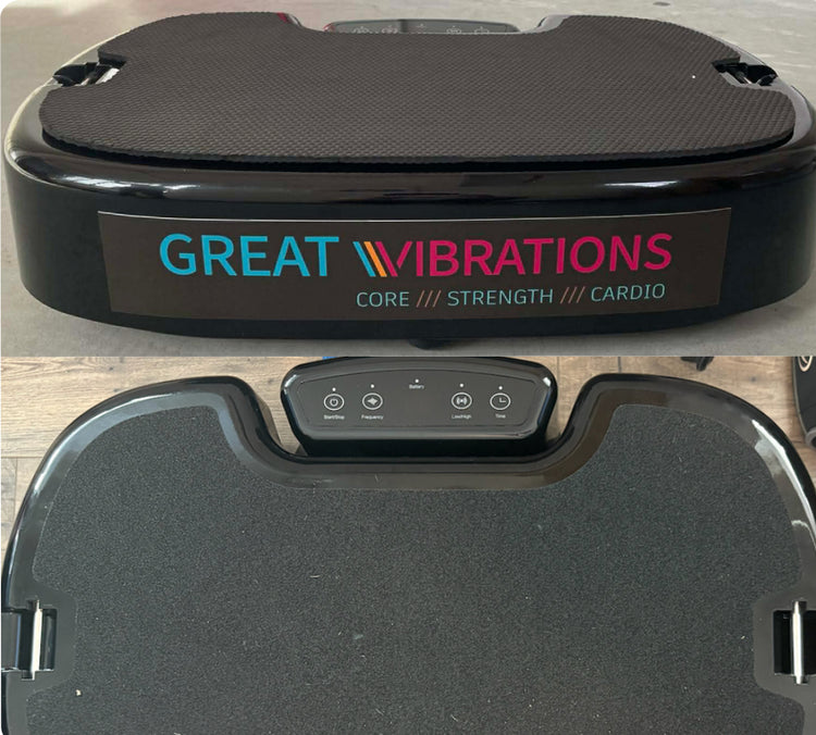 Two views of a Great Vibrations vibration plate on a plain background